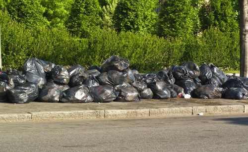 A large collection of black refuse bags filled with waste materials are piled along the curbside on a paved street in a residential or industrial area. The bags appear to be made of plastic and are tightly packed, some with visible creases and folds. They are arranged in a somewhat disorganized manner, stretching across the length of the pavement, close to the edge of the road. In the background, there is a dense row of green trees and shrubs, indicating a natural surroundings typical of a suburban setting. The environment appears to be outdoors during daylight, with bright natural lighting illuminating the scene. This image relates to rubbish clearance or waste disposal services, such as those provided by Office Clearance Carshalton, and illustrates an example of accumulated waste awaiting removal or collection in the local area near Carshalton.