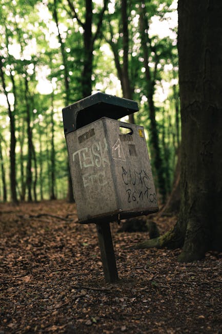 An outdoor scene at a public rubbish disposal area showing multiple waste bins and overflowing rubbish. In the foreground, there is a large metal mixed paper and cardboard recycling bin with its lid p